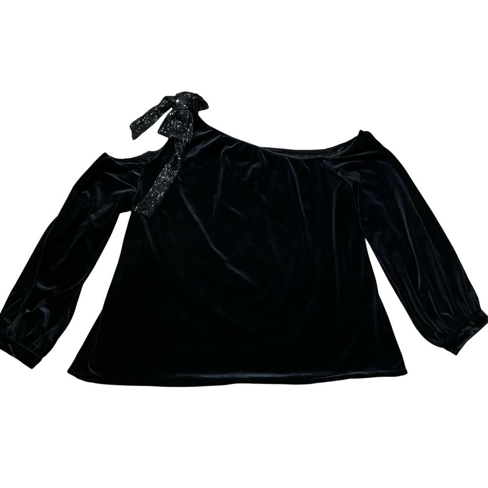 Cece Velvet Asymmetrical Blouse XL Sequin Bow Cold Shoulder Holiday Party Black